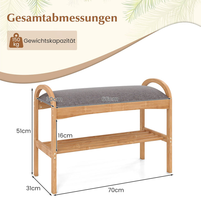Bambus-Schuhbank mit Kissen, 2-stöckig, 70x31,5x51 cm