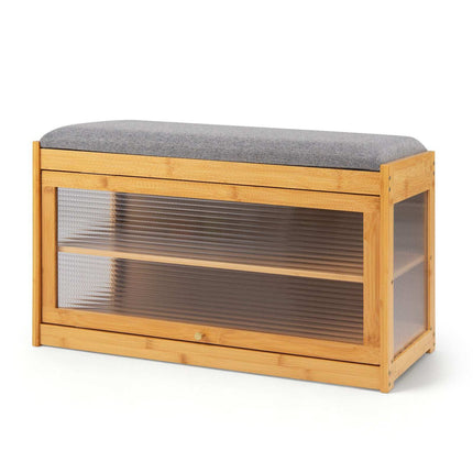 Bamboo Shoe Bench with Cushion, 2-Tier Rack, Natural Finish