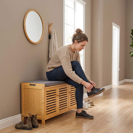 Bamboo Shoe Bench with Padded Seat, 3 Compartments