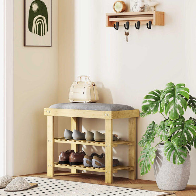 Bamboo Shoe Bench with Storage, 2 Shelves, 60x29x49 cm, Grey