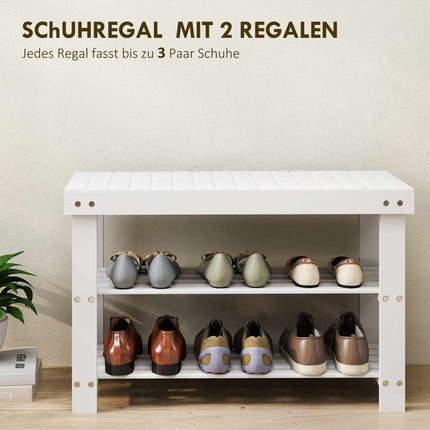 Bambus-Schuhbank mit Stauraum, 2 Ablagen, 70x28x45 cm, Weiß