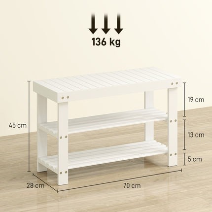 Bambus-Schuhbank mit Stauraum, 2 Ablagen, 70x28x45 cm, Weiß