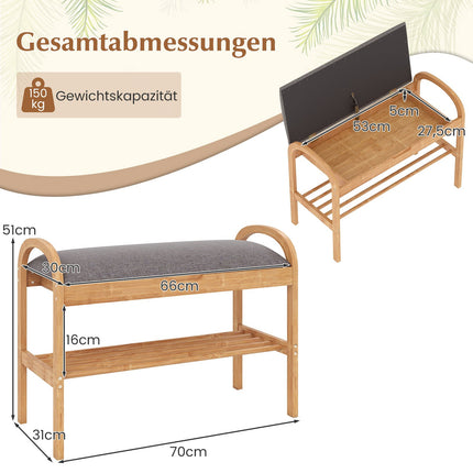 Bambus-Schuhbank mit Stauraum, Sitzkissen, 2 Etagen