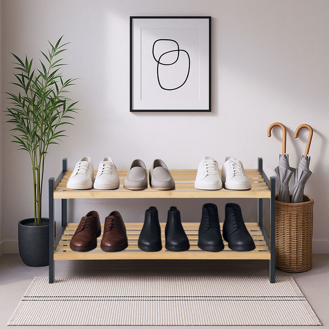 Bamboo Shoe Rack, 2-Tier Storage, Holds 6 Pairs
