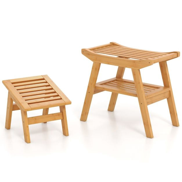 Bamboo Shower Bench With Foot Stool, Storage Shelf
