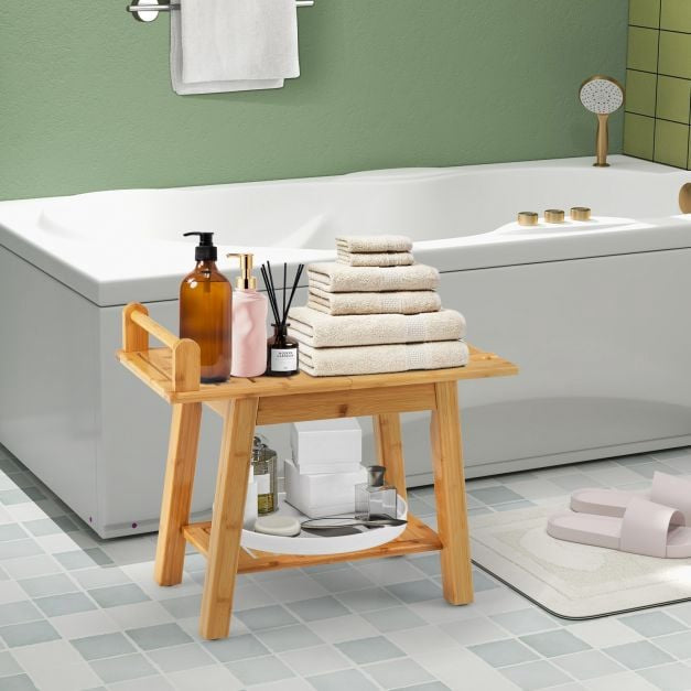 Bamboo Shower Bench with Shelf, 60 x 30 cm, 150 kg