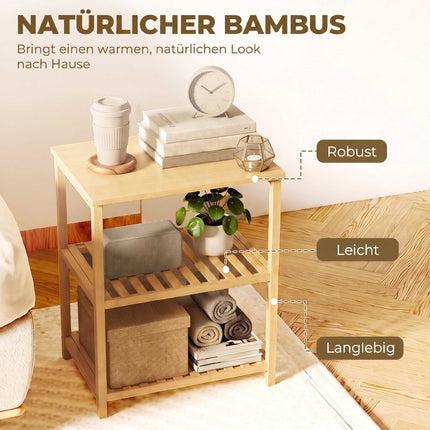 Bamboo Side Table, 3-Tier Slatted Shelves, Natural Finish