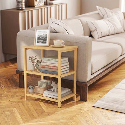 Bamboo Side Table, 3-Tier Slatted Shelves, Natural Finish