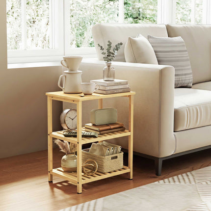 Bamboo Side Table, 3-Tier Slatted Shelves, Natural Finish
