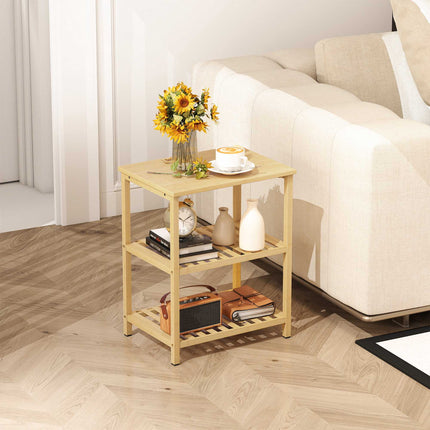 Bamboo Side Table, 3-Tier Slatted Shelves, Natural Finish