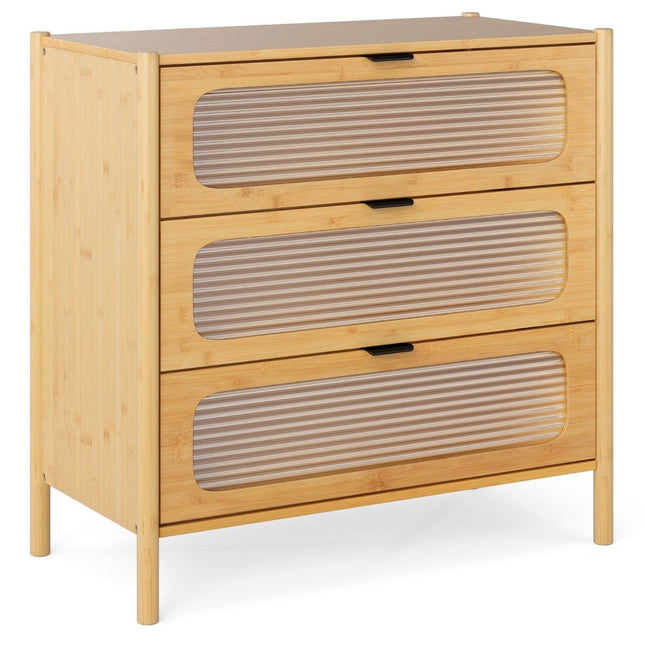Bambus-Sideboard mit 3 Schubladen, Fronten aus gehärtetem Glas