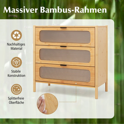 Bamboo Sideboard with 3 Drawers, Tempered Glass Fronts