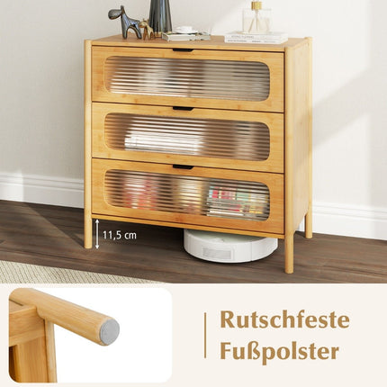 Bamboo Sideboard with 3 Drawers, Tempered Glass Fronts