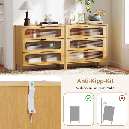 Bamboo Sideboard with 3 Drawers, Tempered Glass Fronts