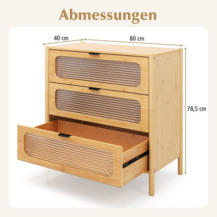 Bamboo Sideboard with 3 Drawers, Tempered Glass Fronts