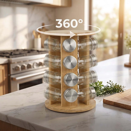 Bamboo Spice Carousel with 12 Glass Jars and Shaker Inserts, Rotating Base