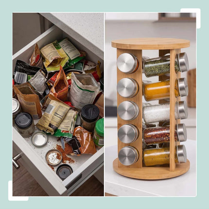 Bamboo Spice Carousel with 12 Glass Jars and Shaker Inserts, Rotating Base