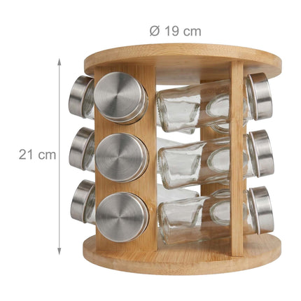Bamboo Spice Carousel with 12 Glass Jars and Shaker Inserts, Rotating Base