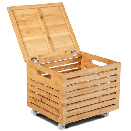Bamboo Storage Box with Lid and Wheels, Natural