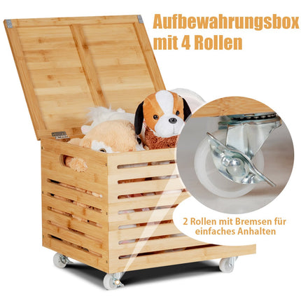 Bamboo Storage Box with Lid and Wheels, Natural