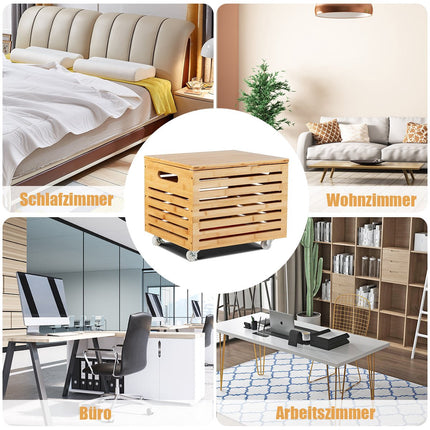 Bamboo Storage Box with Lid and Wheels, Natural