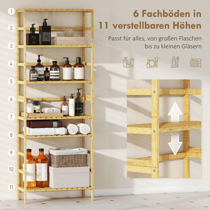 Bamboo Storage Shelf, 6 Adjustable Levels, Freestanding