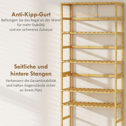 Bamboo Storage Shelf, 6 Adjustable Levels, Freestanding