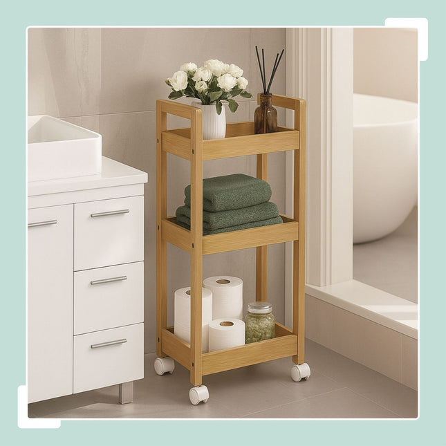 Bamboo Storage Trolley with 3 Adjustable Shelves