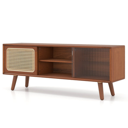 Bamboo TV Stand with Rattan & Glass Doors, Adjustable Shelves
