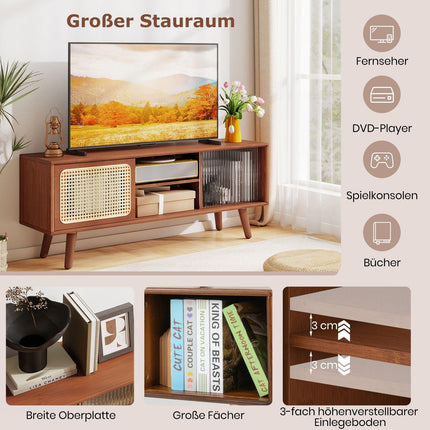 Bamboo TV Stand with Rattan & Glass Doors, Adjustable Shelves