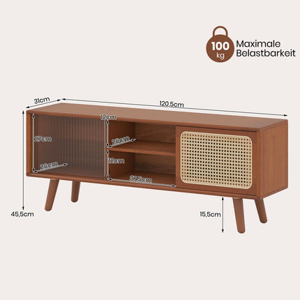 Bamboo TV Stand with Rattan & Glass Doors, Adjustable Shelves