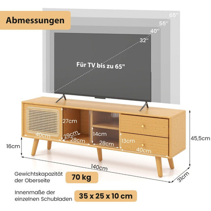 Bambus TV-Ständer für Fernseher bis 65" TV-Konsole im Mid-Century Modern Stil 140 x 31 x 45,5 cm Natur
