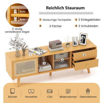 Bambus TV-Ständer für Fernseher bis 65" TV-Konsole im Mid-Century Modern Stil 140 x 31 x 45,5 cm Natur