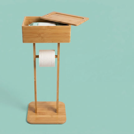 Bamboo Toilet Roll Holder with Storage Shelf and Smartphone Stand