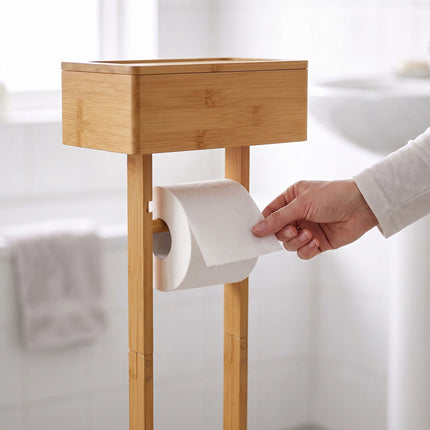 Bamboo Toilet Roll Holder with Storage Shelf and Smartphone Stand