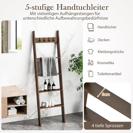 Bambus Handtuchleiter mit 4 Haken & 5 Sprossen, Kippsicher