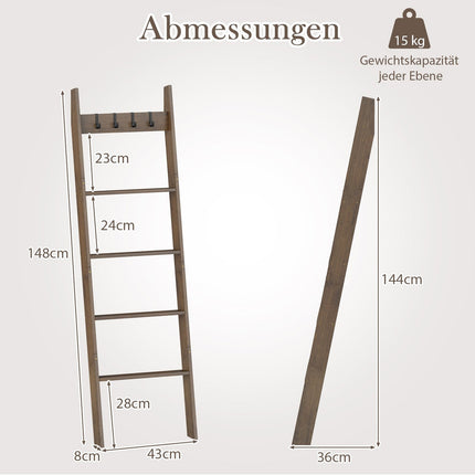 Bambus Handtuchleiter mit 4 Haken & 5 Sprossen, Kippsicher