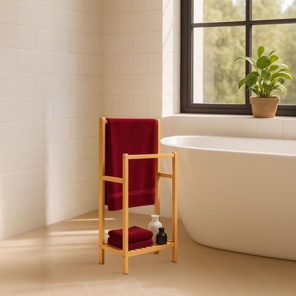 Bamboo Towel Rack with 2 Bars and Shelf