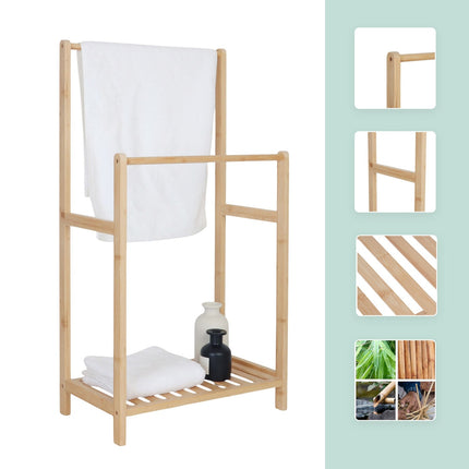 Bamboo Towel Rack with 2 Bars and Shelf