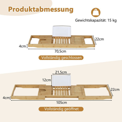 Bamboe badplanken uitschuifbaar badplankje met verstelbare boekenstandaard 70,5-105 x 22 x 4 cm naturel