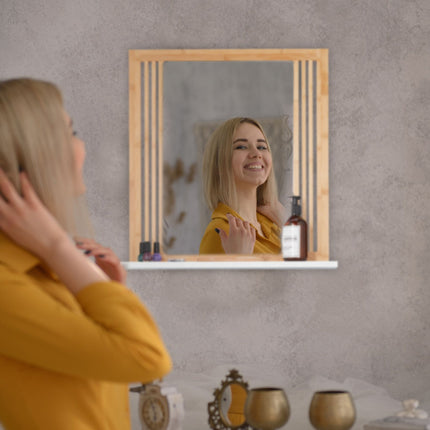 Miroir de salle de bain en bambou avec étagère