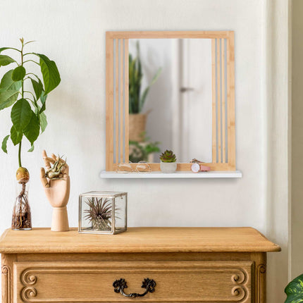 Miroir de salle de bain en bambou avec étagère