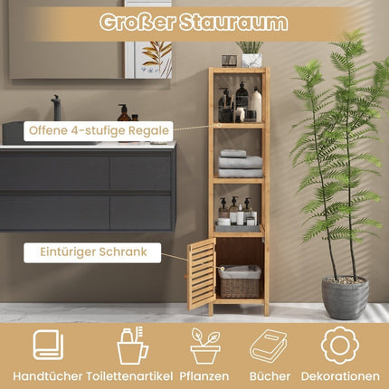 Bamboo bathroom shelf with 4 levels of shelves and slatted door 34 x 33 x 140 cm natural