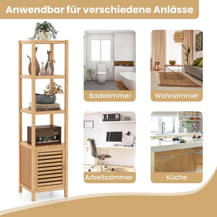 Bamboo bathroom shelf with 4 levels of shelves and slatted door 34 x 33 x 140 cm natural