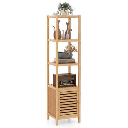 Bamboo bathroom shelf with 4 levels of shelves and slatted door 34 x 33 x 140 cm natural