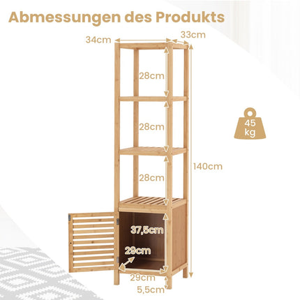 Bamboo bathroom shelf with 4 levels of shelves and slatted door 34 x 33 x 140 cm natural