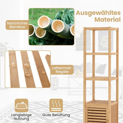 Bamboo bathroom shelf with 4 levels of shelves and slatted door 34 x 33 x 140 cm natural
