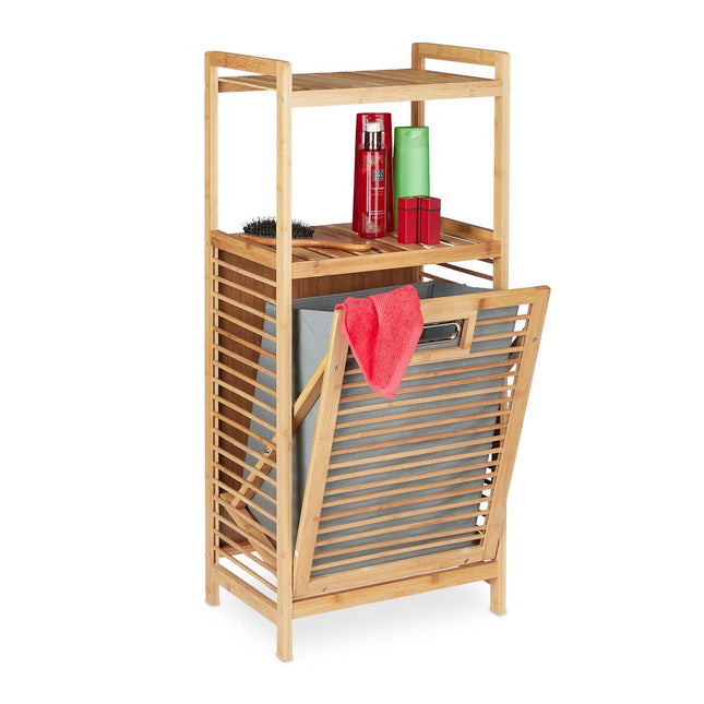 Bamboo bathroom shelf with laundry basket