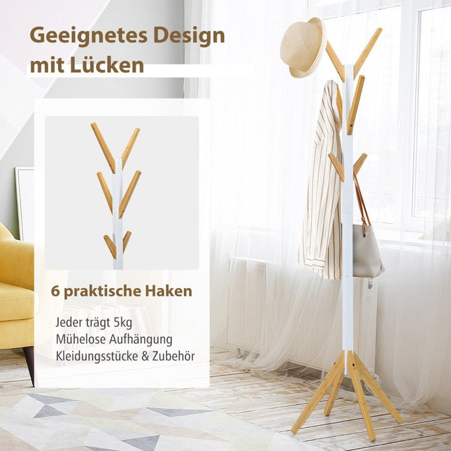 Bamboe kapstok met 6 haken kledingrek 55 x 55 x 179 cm naturel + wit