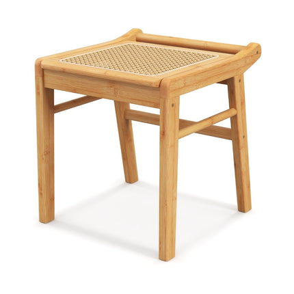 Bamboo cosmetic stool with rattan surface & non-slip foot pads, stable stool with reinforcement bar